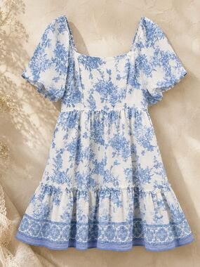 Pepper Cottagecore Blue Floral Toile Prairie Mini Dress M Puff Sleeve Lined